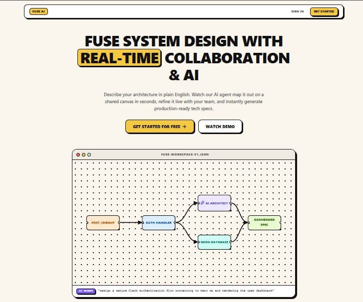 The Fuse AI landing page: an AI agent mapping a described architecture onto a shared canvas.