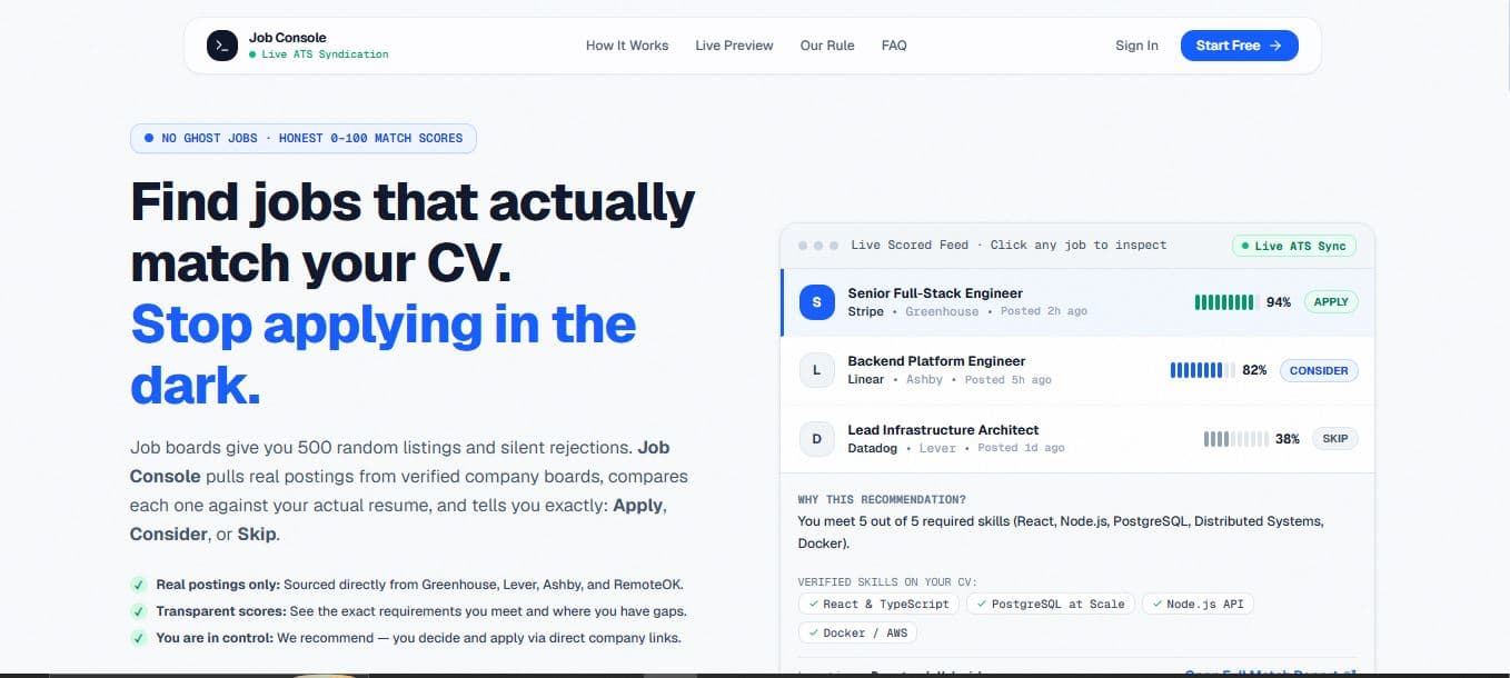 The Job Console landing page, showing a live scored feed with per-role match percentages and verified CV skills.