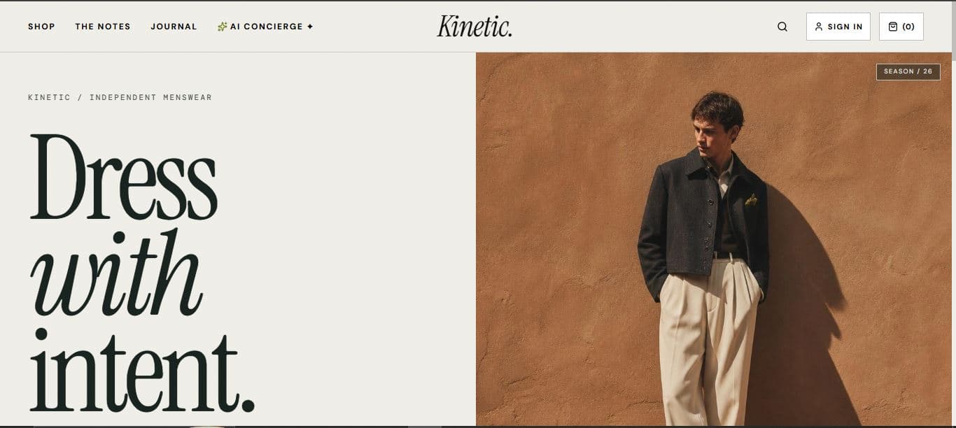 The Kinetic storefront home page, with the AI concierge in the primary navigation.