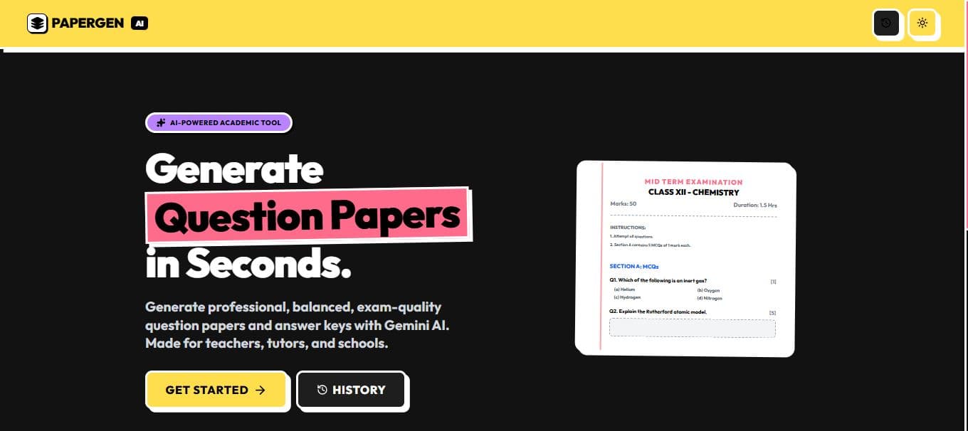 The PaperGen AI landing page, showing a generated Class XII chemistry paper beside the prompt.